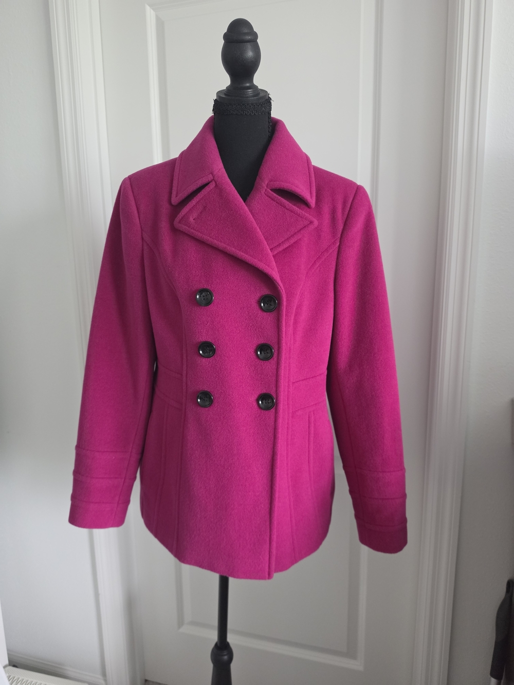 🩷 Womens Double-Breasted Peacoat in Bright Fuchsia Pink